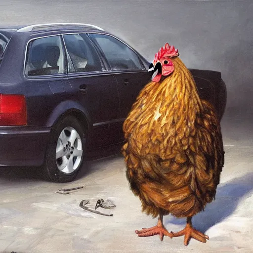 Prompt: a big chicken standing on top of a 2 0 0 0 audi a 4 b 6 avant, award winning, oil painting by jan matejko, masterpiece, 4 k