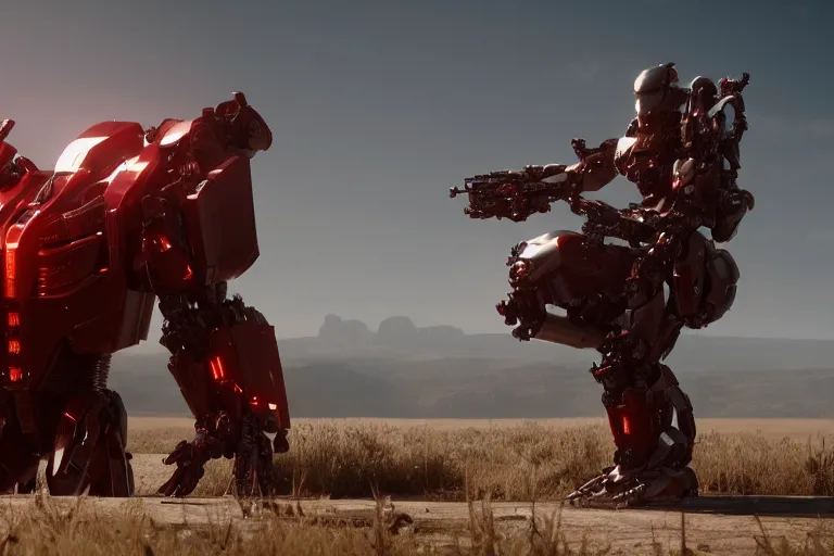 Image similar to a cinematic still from Westworld, red mech, armored core, octane render, nvidia raytracing demo, masterpiece