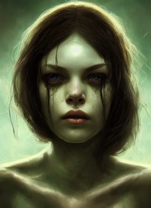 Image similar to portrait of a ominous girl, perfect green eyes, detailed reptile skin, ultra realistic, cinematic lighting, depth of field, artstation, Seb McKinnon