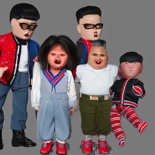 Image similar to kim jong un doll screaming with bts boy band dolls octane render