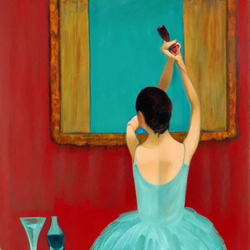 Prompt: painting of a ballerina drinking wine in a teal room, red background