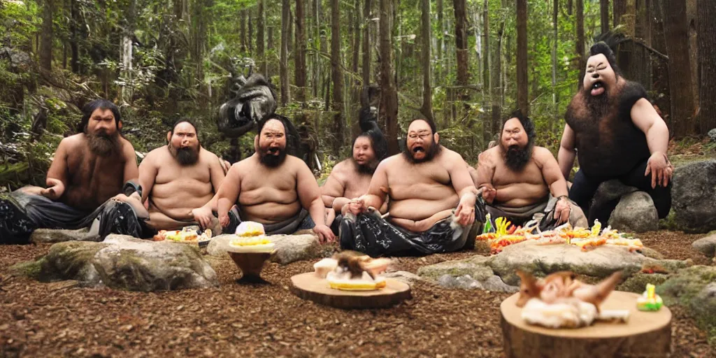 Prompt: photo, three hairy neanderthal people, sumo japanese, eating inside mcdonalds, surrounded by dinosaurs!, gigantic forest trees, sitting on rocks, bright moon, birthday cake on the ground, front view