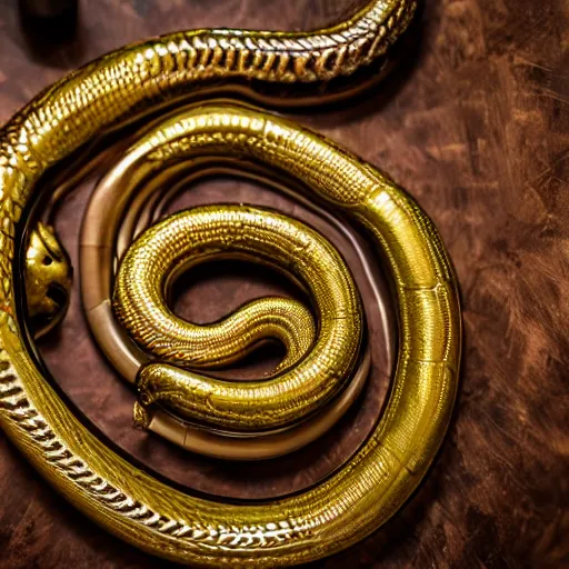 Image similar to infinite giant coiled snake with a metallic skull as the head, room interior, dark fantasy, XF IQ4, f/1.4, ISO 200, 1/160s, 8K, RAW, unedited, symmetrical balance, in-frame