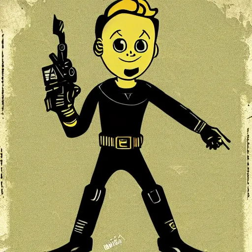 Image similar to digital art cold war poster of vault boy from fallout 3 game,