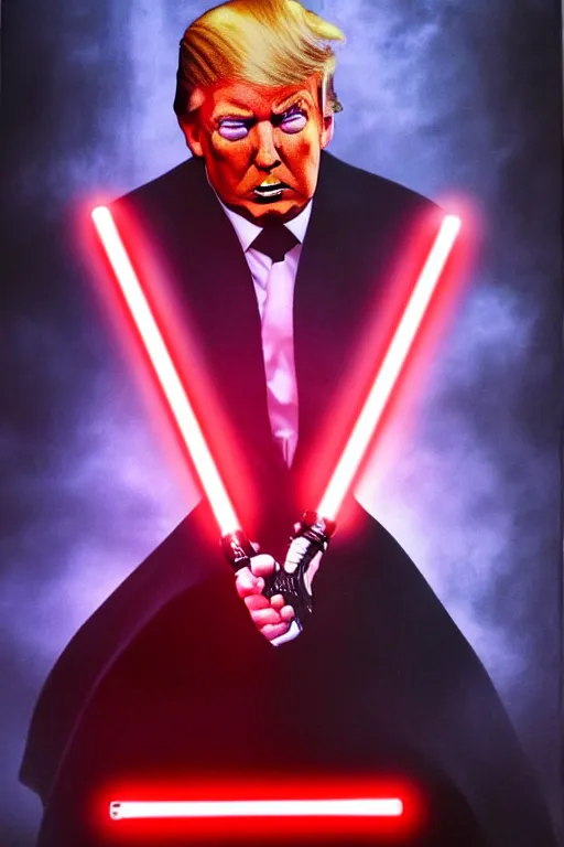 Image similar to Donald Trump as a Sith from Star Wars, red light saber, realistic portrait, symmetrical, highly detailed, cinematic lighting