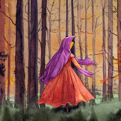 Prompt: Little Orange Riding Hood wear a dress in the valley, dark ambient beautiful, neoplasticism, 8k resolution, road into the forest with a lake, watercolor, detailed painting, trending on Artstation