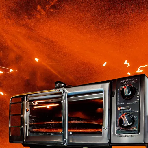 Prompt: toaster oven hanging by metallic cables, symmetry, dark messy smoke - filled cluttered workshop, dark, dramatic lighting, orange tint, sparks, cinematic, highly detailed, sci - fi, futuristic, movie still