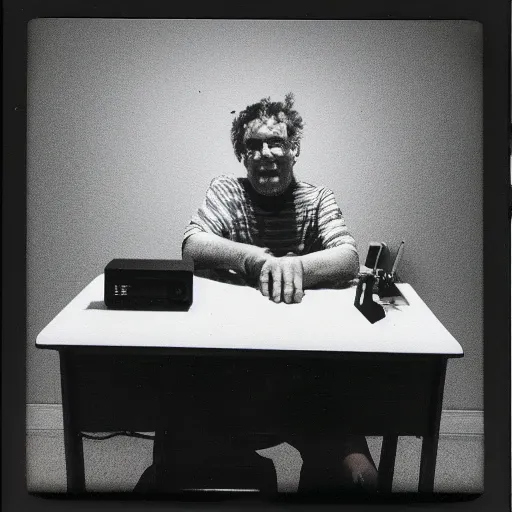 Image similar to Detailed polaroid photograph of a guy sitting at his 80s computer late at night in a dark room with only the screen lighting up the room