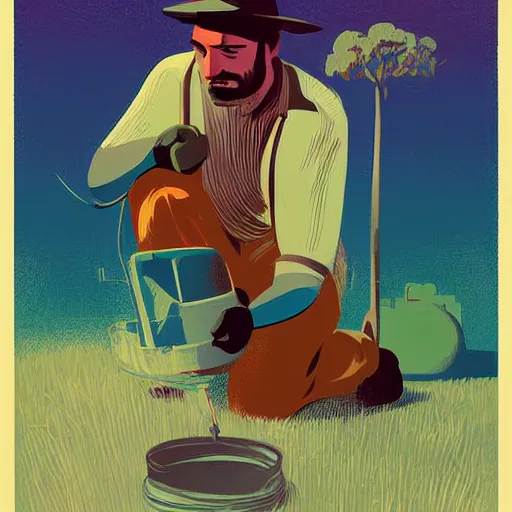 Prompt: farmer kneeling down putting a seed in the ground, limited neutral palette, by petros afshar, anton fadeev, dean ellis, beautiful graphic full body portrait, propaganda poster art 1 9 7 0 s illustrated advertising art, painterly character design