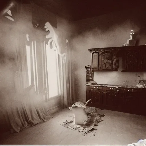 Prompt: cinematic photo of ghosts living inside of a haunted gingerbread house, spooky, fog, 3 5 mm film