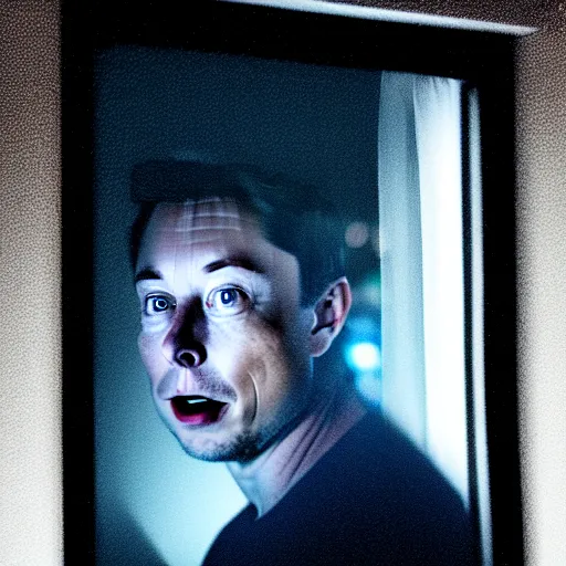 Prompt: dark photo of dark blue rainy bedroom window at night, dimly lit creepy ( ( ( ( ( contorted distorted ) ) ) ) ) face of elon musk staring in through the window, horror, scary face, demonic face,