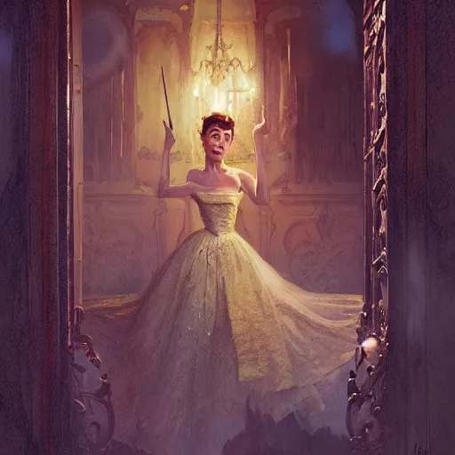 Image similar to audrey hepburn inside haunted mansion, various scenarios, looking for the way out, ghosts around, highly detailed, digital painting, artstation, art by gaston bussiere, greg rutkowski, j. c. leyendecker, robert hubert