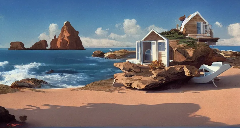 Prompt: tiny seashell house where a hermit girl lives, atmospheric cinematography by syd mead