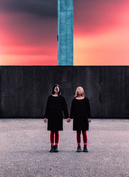 Image similar to cinestill 5 0 d photographic portrait of 2 women holding hands, wearing black techwear in front of a brutalist brushed metal building, closeup, on a desolate plain with a red sky, dystopia, cyberpunk, closeup, depth of field, 4 k, 8 k, hd, full color