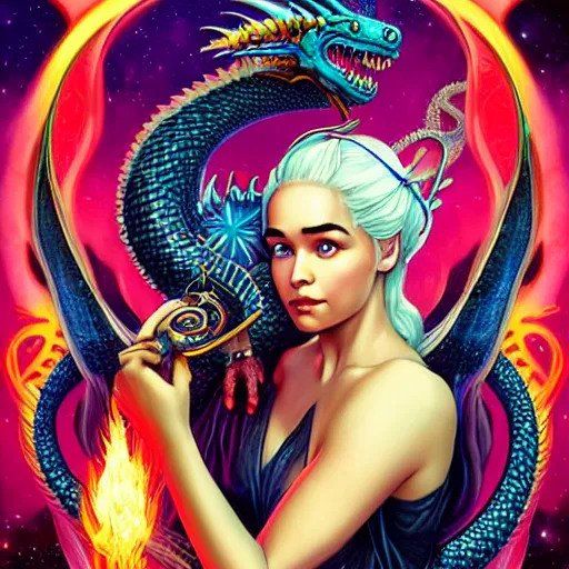 Prompt: cosmic stunning lofi daenerys targaryen portrait with her steampunk serpent dragon of fire flame, queen of dragons, Pixar style, by Tristan Eaton Stanley Artgerm and Tom Bagshaw.