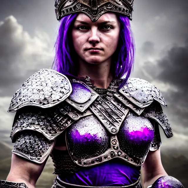 Prompt: photo of a beautiful strong warrior queen wearing amethyst encrusted armour, highly detailed, 4 k, hdr, smooth, sharp focus, high resolution, award - winning photo