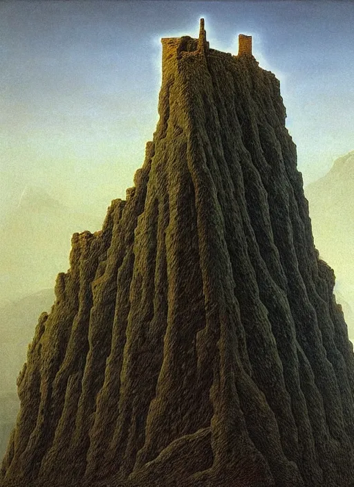 Prompt: A mountain look like a women, troglodyte city, monumental sculpture, ruin, by Artgem and Zdzislaw Beksinski, by Kaspar David Friedrich