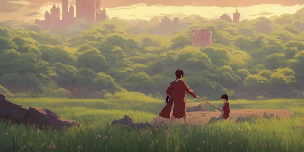 Prompt: a stylized 2 d cinematic keyframe of a serene field with a glasss castle and a flying dragon, joy gaze, cel - shaded, classical animation, edge - to - edge print, rendered by studio ghibli, artgerm, alyssa monks, andreas rocha, david kassan, neil blevins, rule of thirds, golden ratio, ambient lighting, art