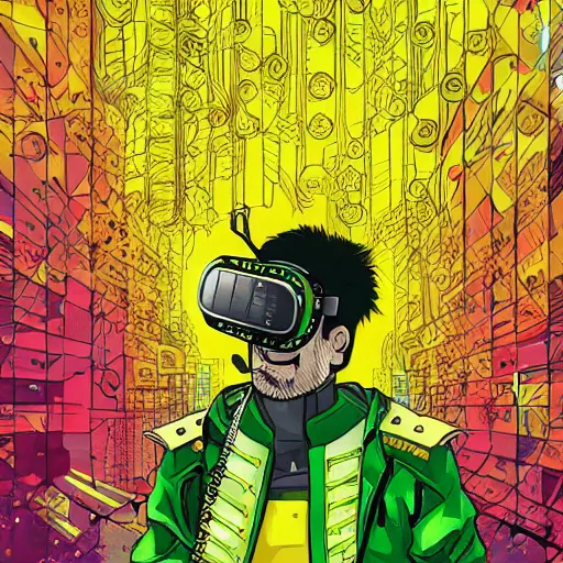 Prompt: cyperpunk samurai, wearing leather jacket covered in studs, vr goggles, subway, green and yellow palette, sci - fi, vibrant colorful, comics, by josan gonzales