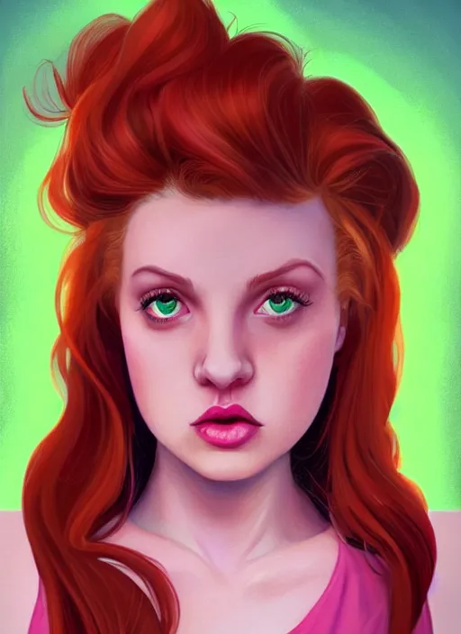 Image similar to full body portrait of teenage cheryl blossom, obese, bangs, green eyes, sultry expression, red hair, sultry smirk, bangs and wavy hair, pink skirt, fat, intricate, elegant, glowing lights, highly detailed, digital painting, artstation, concept art, smooth, sharp focus, illustration, art by wlop, mars ravelo and greg rutkowski