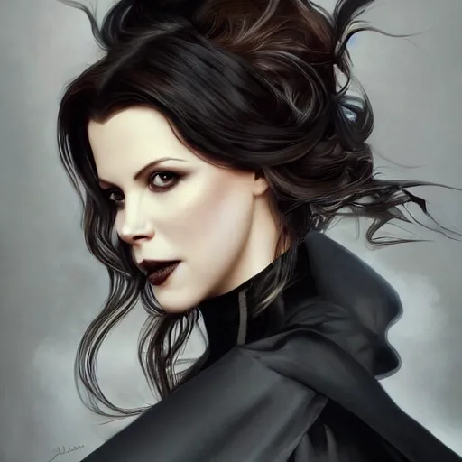 Prompt: the ultimate vampire, kate beckinsale, smokey eyes, gothic, large flared gothic dress, trending on / r / moreplatesmoredates, oil on canvas artstation by j. c. leyendecker and edmund blair leighton and charlie bowater octane render