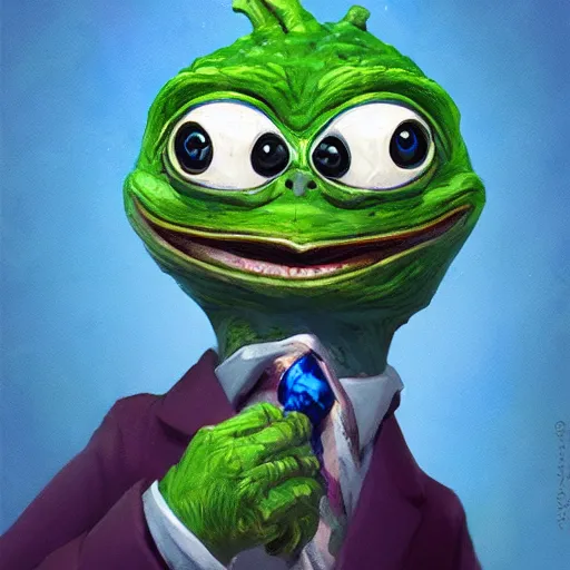 Image similar to super rich happy pepe, luxury, treasury, coins, money, hyper detalied, blue crystals, greg rutkowski, artstation