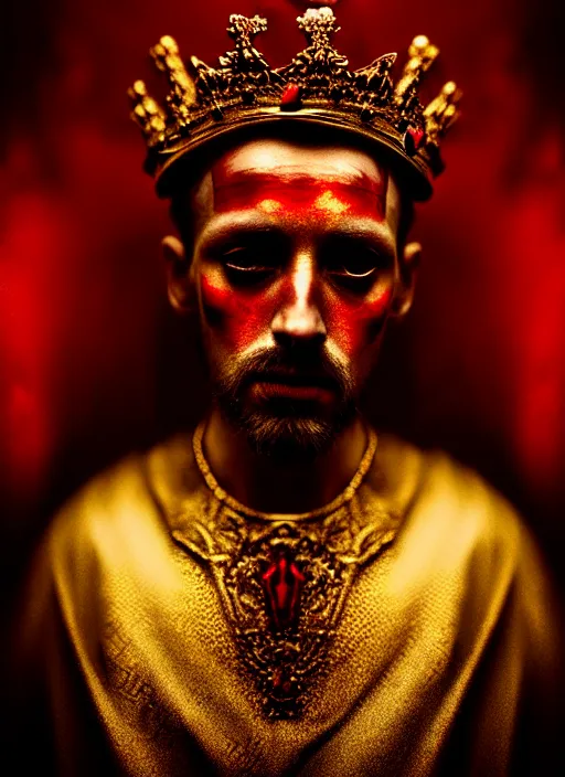 Image similar to 'Portrait of Crowned King Arthur' by Lee Jeffries royally decorated, whirling plasma, atmospheric motes, red and gold Sumptuous garb, gilt silk fabric, radiant colors, fantasy, perfect lighting, studio lit, micro details,