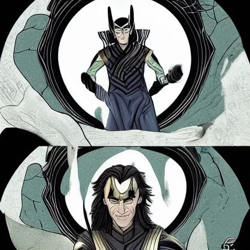 Prompt: The artwork is conceptual artwork for a graphic novel that shows Loki, the god of mischief, in a variety of emotional states. Lee Garbell produced the artwork in 2015. The illustration is wonderfully detailed, and each expression on Loki's face is well captured.