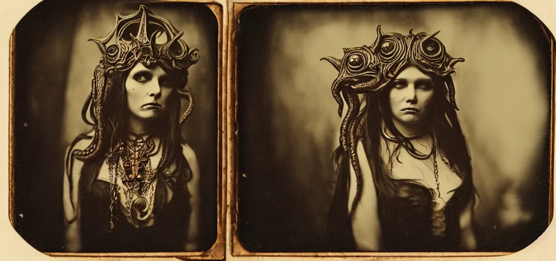 Image similar to tintype ambrotype daguerreotype of a cthulhu priestess adorned in occult jewels wearing occult ceremonial robes. with tentacle hair. emerging walking out of a slithering baroque frame.