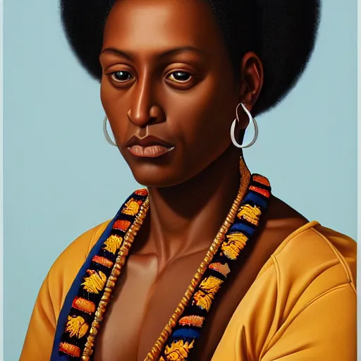 Image similar to A portrait of a thin trendy and gorgeous non-binary person, dark skin tone, Maori people, oil painting by Kehinde Wiley, majestic, detailed, high resolution