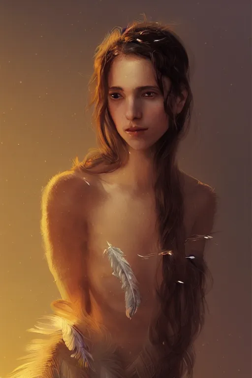 Prompt: portrait of spanish girl with feather background, staring directly into camera, intricate, elegant, glowing lights, highly detailed, digital painting, artstation, sharp focus, illustration, art by wlop, mars ravelo and greg rutkowski