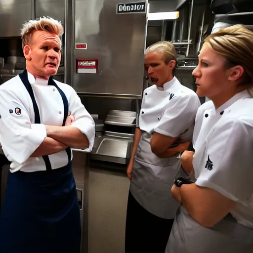 Image similar to gordon ramsay yelling at mcdonald's employees in the mcdonald's kitchen on kitchen nightmares. the employees are lined up and in their mcdonald's uniforms. 4 k broadcast