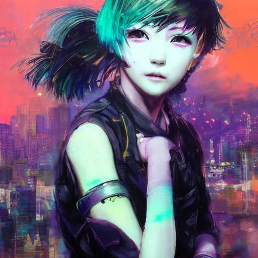 Prompt: portrait of the ( tokyo ghoul ) masked joyful adolescent tiktoker girl aurora, purple dawn in neon santiago of chile on the background, concept art oil on canvas by yoji shinkawa, ryuichi sakamoto, esao andrews and yoshitaka amano