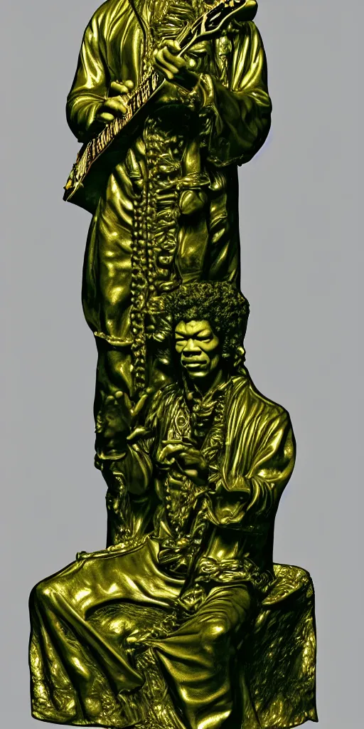 Image similar to detailed photo of a jade translucent statue of jimi hendrix, full body portrait, glowing in the dark, photorealism, intricate detail, museum diffuse lighting