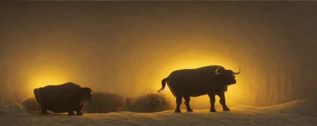 Prompt: the tunnel into winter, cottagecore, giant bull inside church, glowing eyes, by Baksinsky, painted by Quint Buchholz and Carl Gustav Carus, oil on canvas