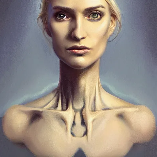 Image similar to surreal portrait of a woman by Greg Rutkowski, symmetrical face, she is about 30 years old, she is about 30 years old, pretty, blond hair with two strans around her face, slavic features, melancholic gaze, pretty aquiline nose, transformed into a kind of biomechanical transhuman goddes, uncany but fascinating, sad but determined look, cosmic void background, frightening, fascinating, highly detailed portrait, digital painting, book cover, artstation, concept art, smooth, sharp foccus ilustration, Artstation HQ