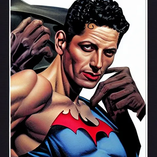 Image similar to young jeff goldblum as bruce wayne, muscular, batman t shirt, joe jusko, boris vallejo