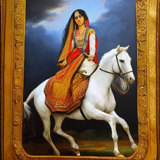 Image similar to a painting of a!! kurdish!! woman riding a beautiful white horse, an oil on canvas painting by raja ravi varma, award winning art, featured on deviantart, qajar art, detailed painting, oil on canvas, acrylic art, extremely detailed, incredibly intricate, elegant