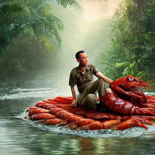 Image similar to Tom Hanks as forrest gump sitting on a giant shrimp in the jungle, realistic digital painting, in the style of Raphael Lacoste, photoreailstic, realistic face, amazing detail, sharp