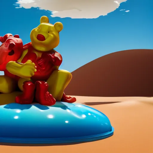 Image similar to promotional movie still the biggest frying pan in the world is in a desert. in the pan are life - size gummi bears that are melting. it's very sunny and very hot. the gummi bears are sweating. 3 d, digital art, octane 3 d render, ue 5, cinematic, imax 7 0 mm, product lighting, dramatic lighting. concept art.