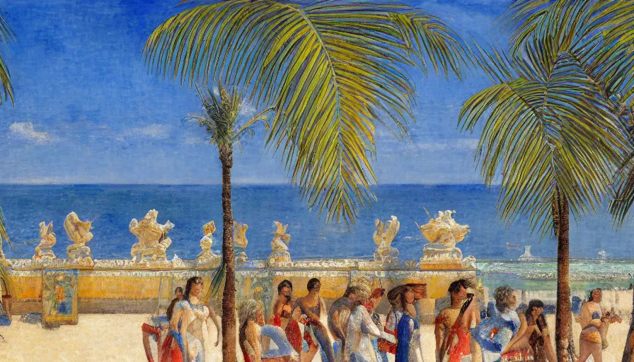 Image similar to a ultradetailed beautiful painting of the amazonas palace balustrade designed by jules bastien - lepage, tarsila do amaral, frank weston and gustave baumann, beach, trending on artstation, mediterranean, palm trees, sharp focus, colorful refracted sparkles and lines, soft light, 8 k 4 k