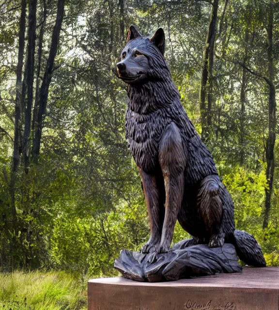 Prompt: a 4 k photorealistic photo medium shot of a bronze statue of a timber wolf.