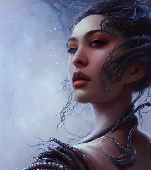 Image similar to portrait of a dark Jedi by karol bak, WLOP, James Jean, tom bagshaw, rococo, trending on artstation, fantasy magic fashion girl portrait, glossy eyes, face, fantasy, intricate, elegant, highly detailed, digital painting, concept art, smooth, sharp focus, illustration, cinematic lighting, hyper realism, octane render, 8k, hyper detailed.