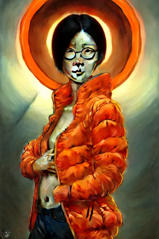 Prompt: thin japanese woman with short black hair, thick round spectacles, wearing a bright orange bomber jacket, seductive communist dark fantasy, art by artgerm and karol bak and moebius and alphonse mucha and greg rutkowski, hyperdetailed, ultrarealistic, octane render