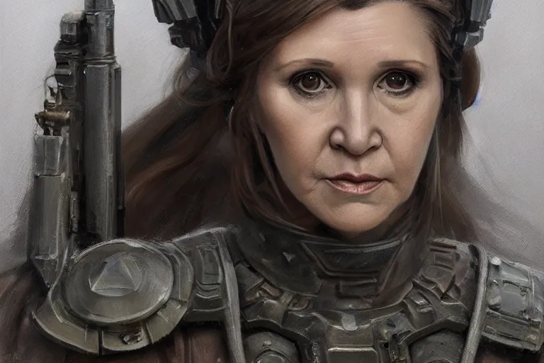 Image similar to a finely detailed portrait of Carrie Fisher, clothed in battle armor, olive skin, long dark hair, beautiful bone structure, symmetrical facial features, intricate, elegant, digital painting, trending on Artstation, concept art, smooth, sharp focus, illustration, from Metal Gear by Ruan Jia and Mandy Jurgens and Artgerm and Greg Rutkowski, award winning