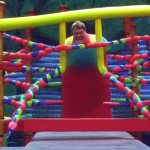 Image similar to a screen still of chris farley running the double dare obstacle course from double dare