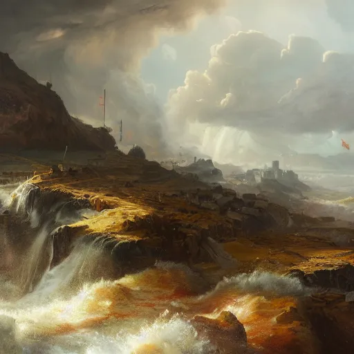 Prompt: Panorama view at a hurricane with rubble from a castle in its grasp, oil painting, by Greg Rutkowski