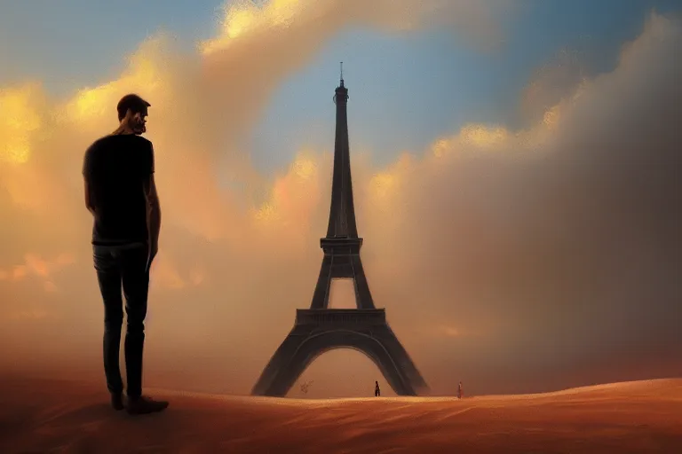 Prompt: a tall skinny man in the desert looking at the summit of the Eiffel Tower partly emerging from the sand by Jonas De Ro, digital painting, cinematic lights, atmospheric, sand, stormy horizon