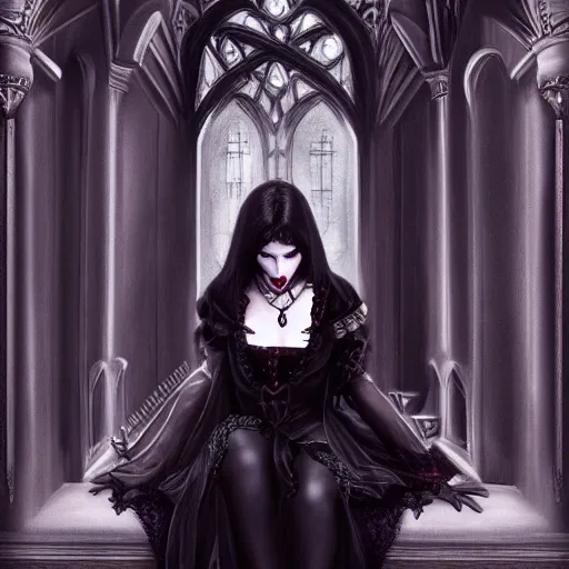 Image similar to gothic high vampire lady sitting in a gothic castle art, realistic, artstation, portrait, photorealism, high fantasy, 4k