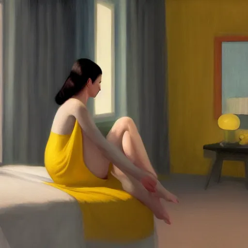 Image similar to A girl with dark hair in a yellow nightgown sits on a bed in a room with light gray walls, sunset light, by edward hopper. cinematic, hyper realism, high detail, octane render, 8k, iridescent accents